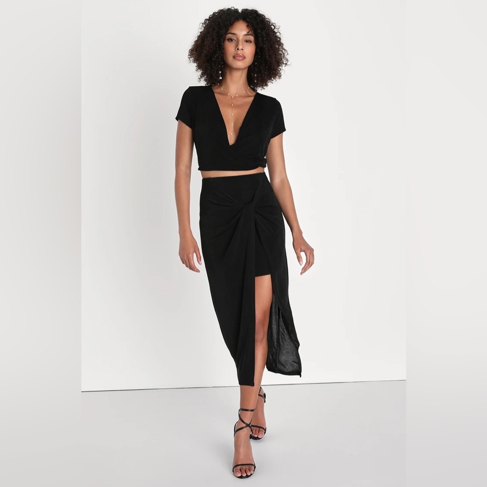 Lulus Stunning Update Black Knot-Front Slinky Midi Skirt Whimsigoth NWT Size XL